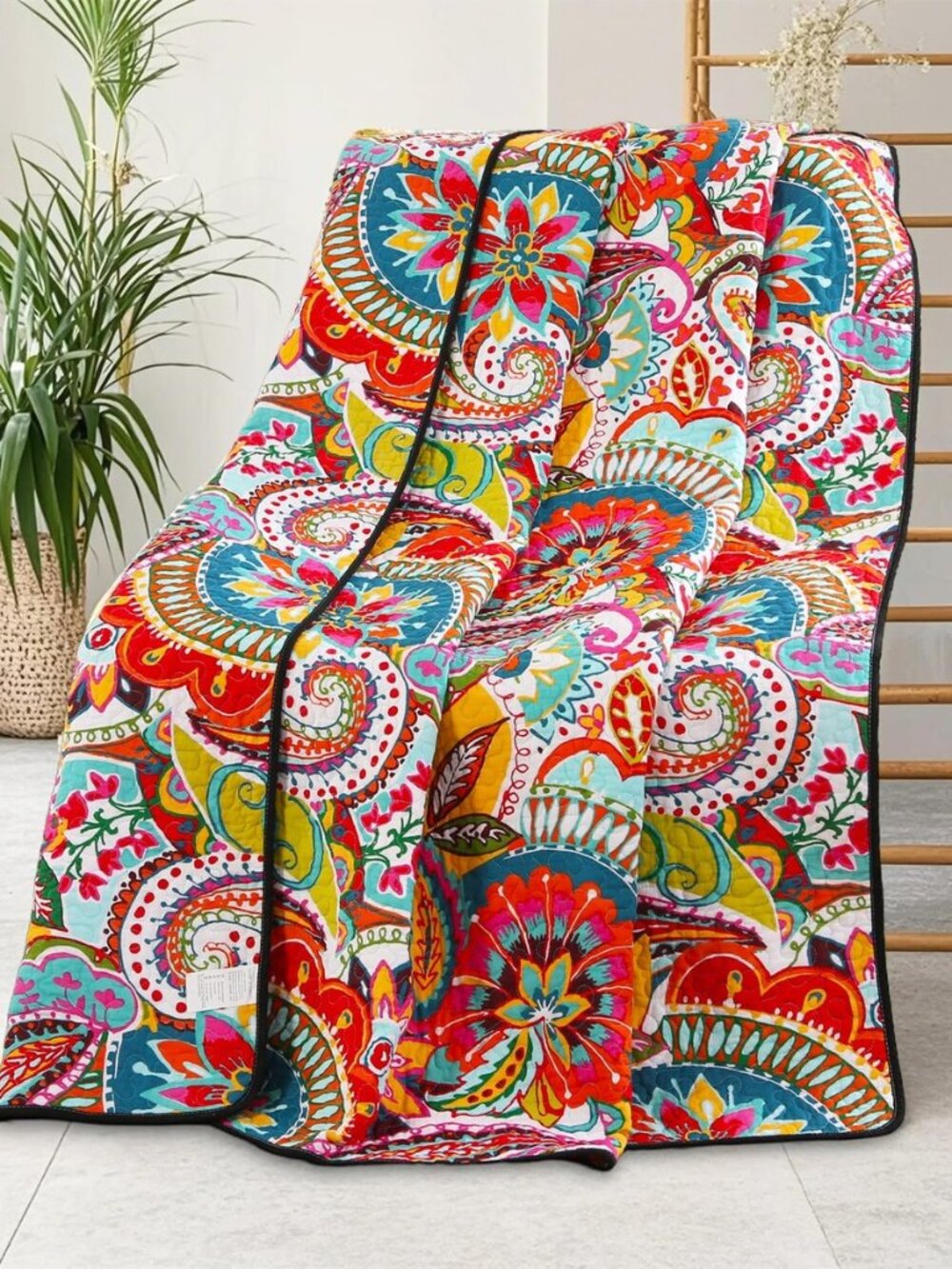 Cotton Quilted Throw Blanket, Soft Boho Quilt 59"x79", Bright Colorful Red